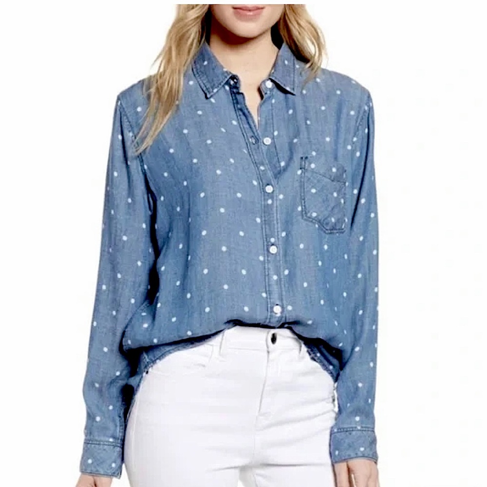 Rails Ingrid Indigo Polka Dot Chambray Blue Long Sleeve Button Down Shirt Sz XXL